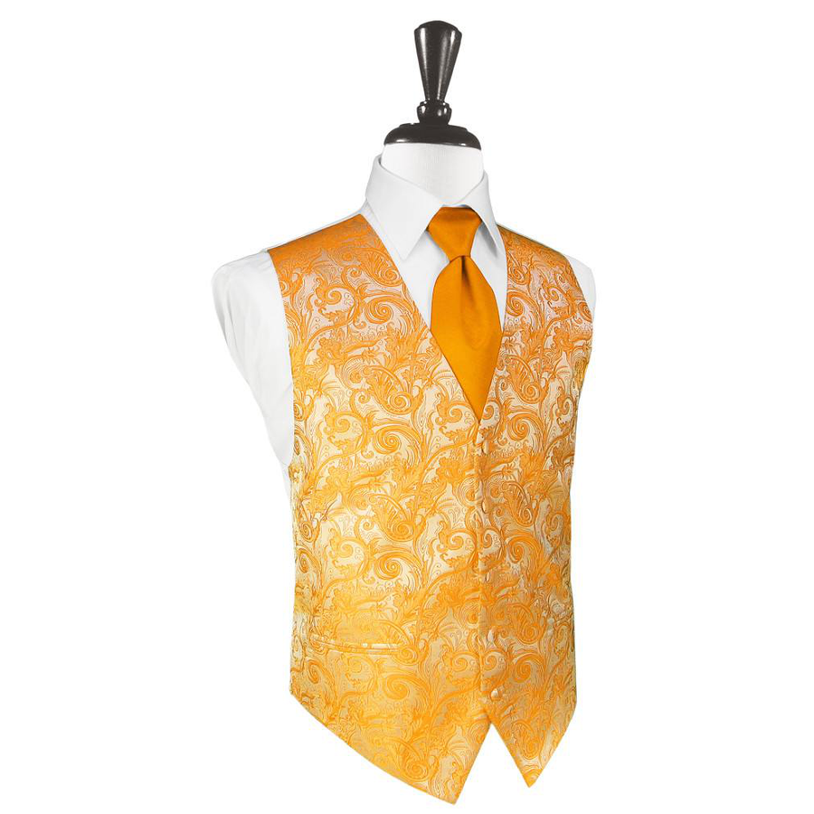 Dress Form Displaying A Mandarin Orange Tapestry Mens Wedding Vest With Tie