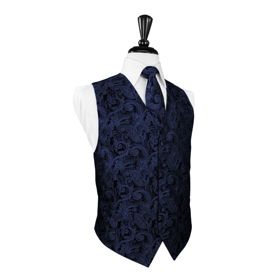 Dress Form Displaying A Marine Blue Tapestry Mens Wedding Vest With Tie