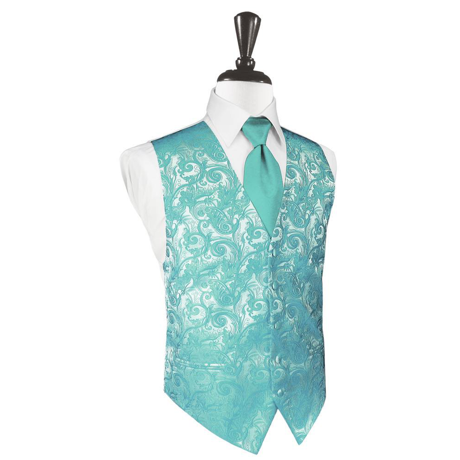 Dress Form Displaying A Mermaid Tapestry Mens Wedding Vest With Tie