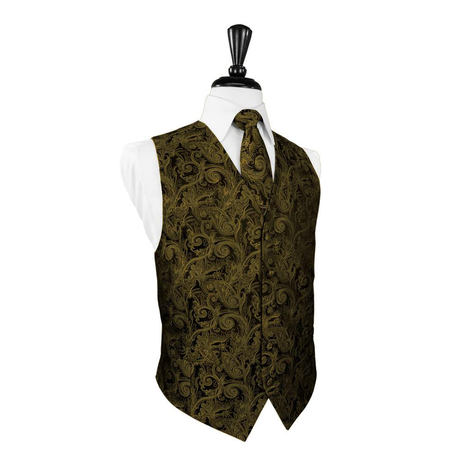 Dress Form Displaying A Gold Tapestry Mens Wedding Vest With Tie