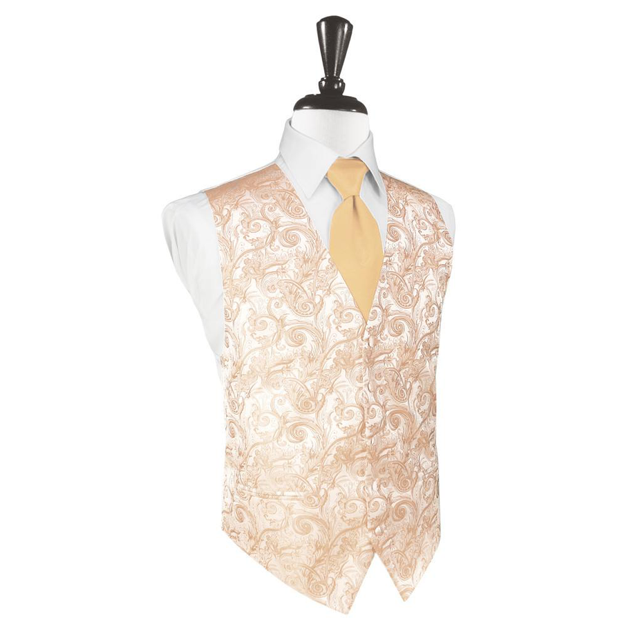 Dress Form Displaying A Peach Tapestry Mens Wedding Vest With Tie