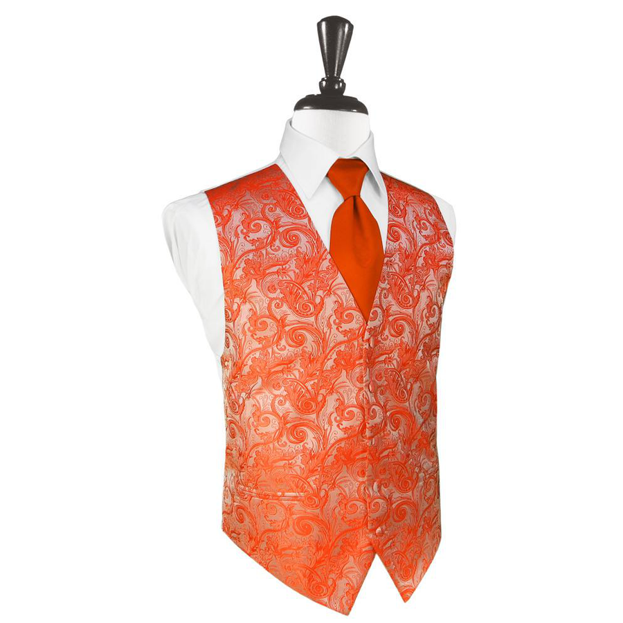 Dress Form Displaying A Persimmon Tapestry Mens Wedding Vest With Tie