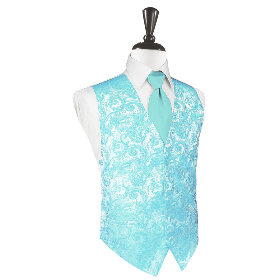Dress Form Displaying A Pool Blue Tapestry Mens Wedding Vest With Tie
