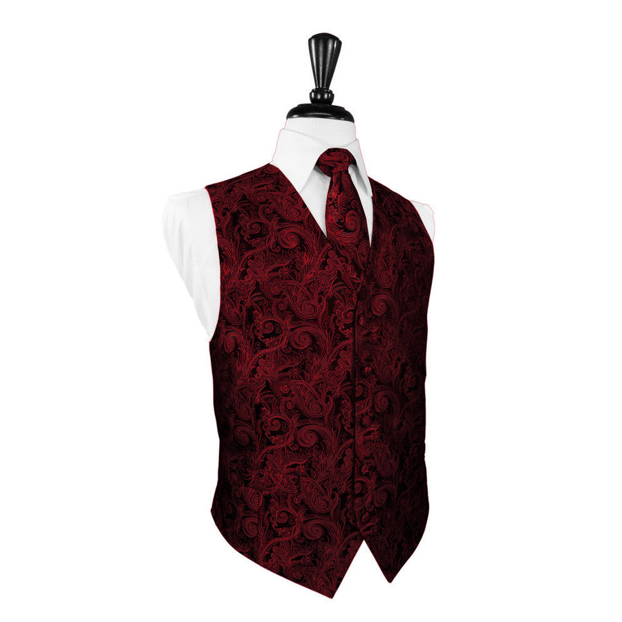 Dress Form Displaying A Scarlet Red Tapestry Mens Wedding Vest With Tie