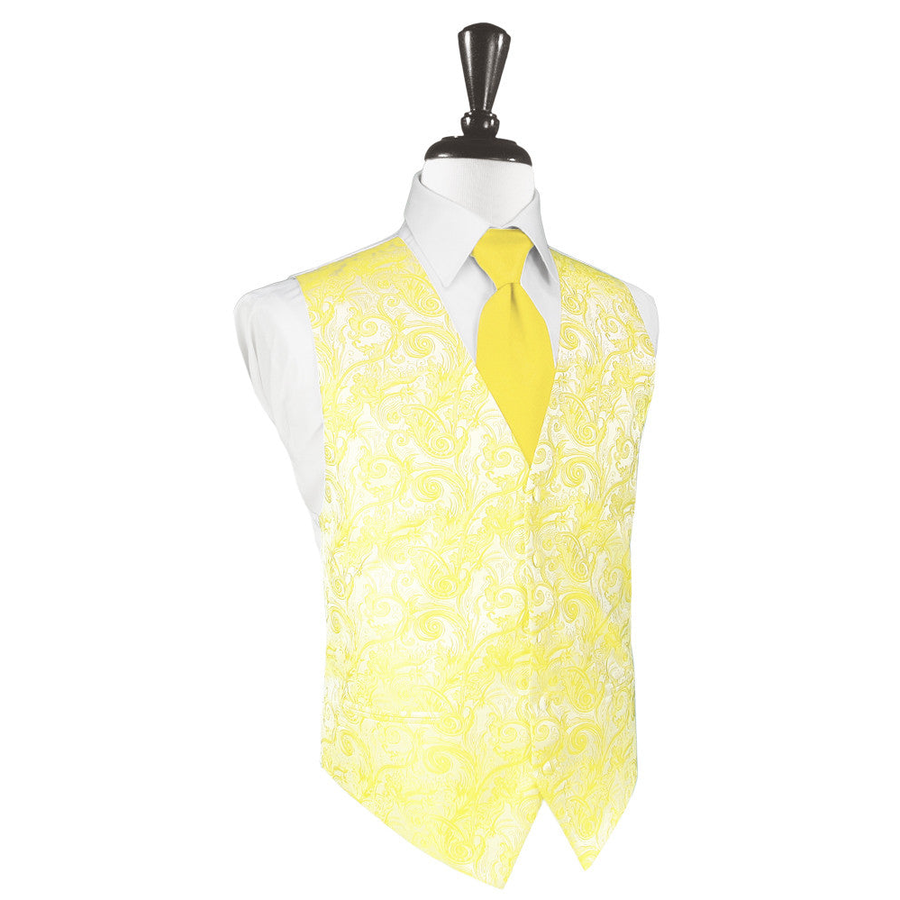 Dress Form Displaying A Sunbeam Yellow Tapestry Mens Wedding Vest With Tie