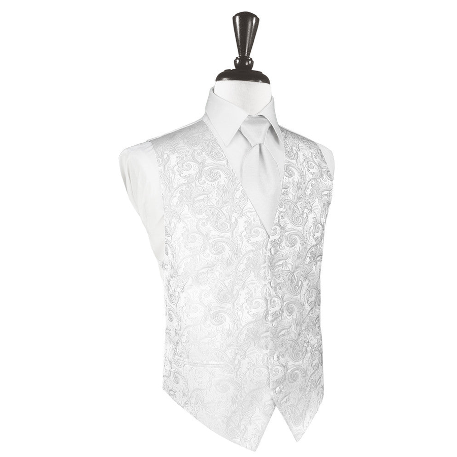 Dress Form Displaying A White Tapestry Mens Wedding Vest With Tie