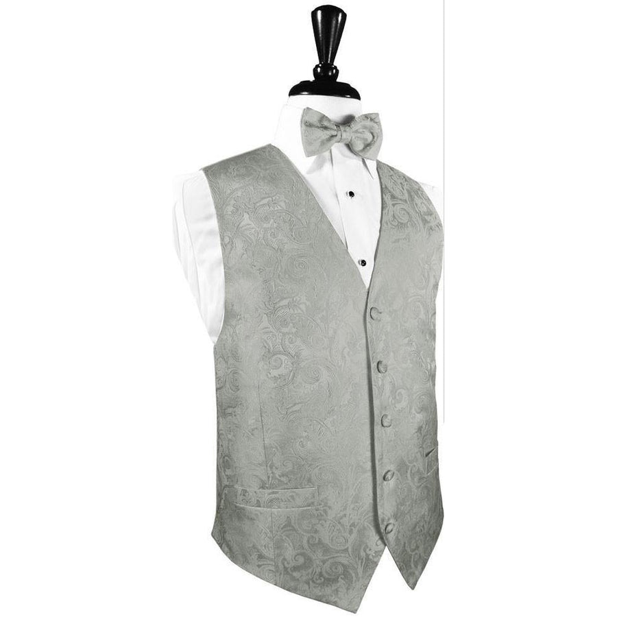 Dress Form Displaying A Silk Platnium Tapestry Mens Wedding Vest With Tie