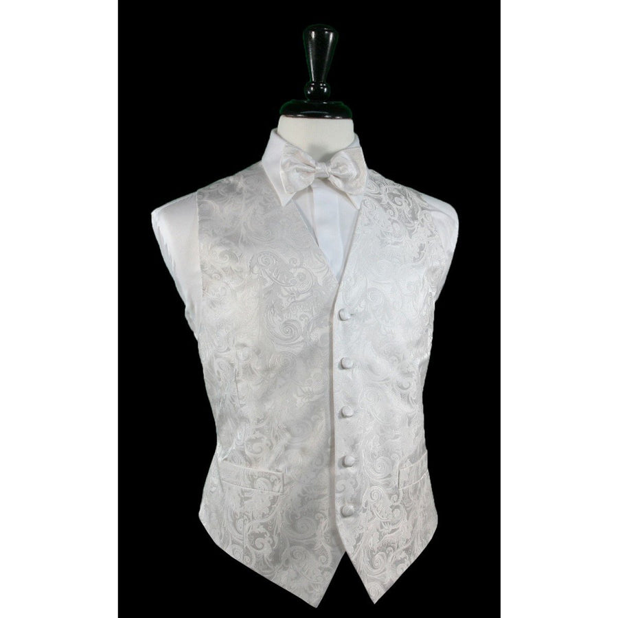 Dress Form Displaying A Silk White Tapestry Mens Wedding Vest With Tie