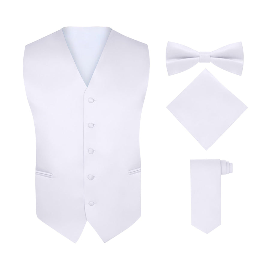 Men's White 4 Piece Vest Set, with Bow Tie, Neck Tie & Pocket Hankie