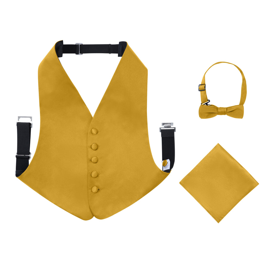 Boys 3 Piece Backless Formal Vest Set - Includes Vest, Bow Tie, Pocket Square for Tuxedo or Suit - Gold